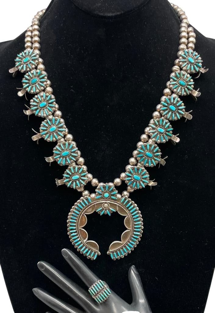 Vintage Needlepoint Turquoise And Sterling Silver Necklace With Ring (1 of 20)