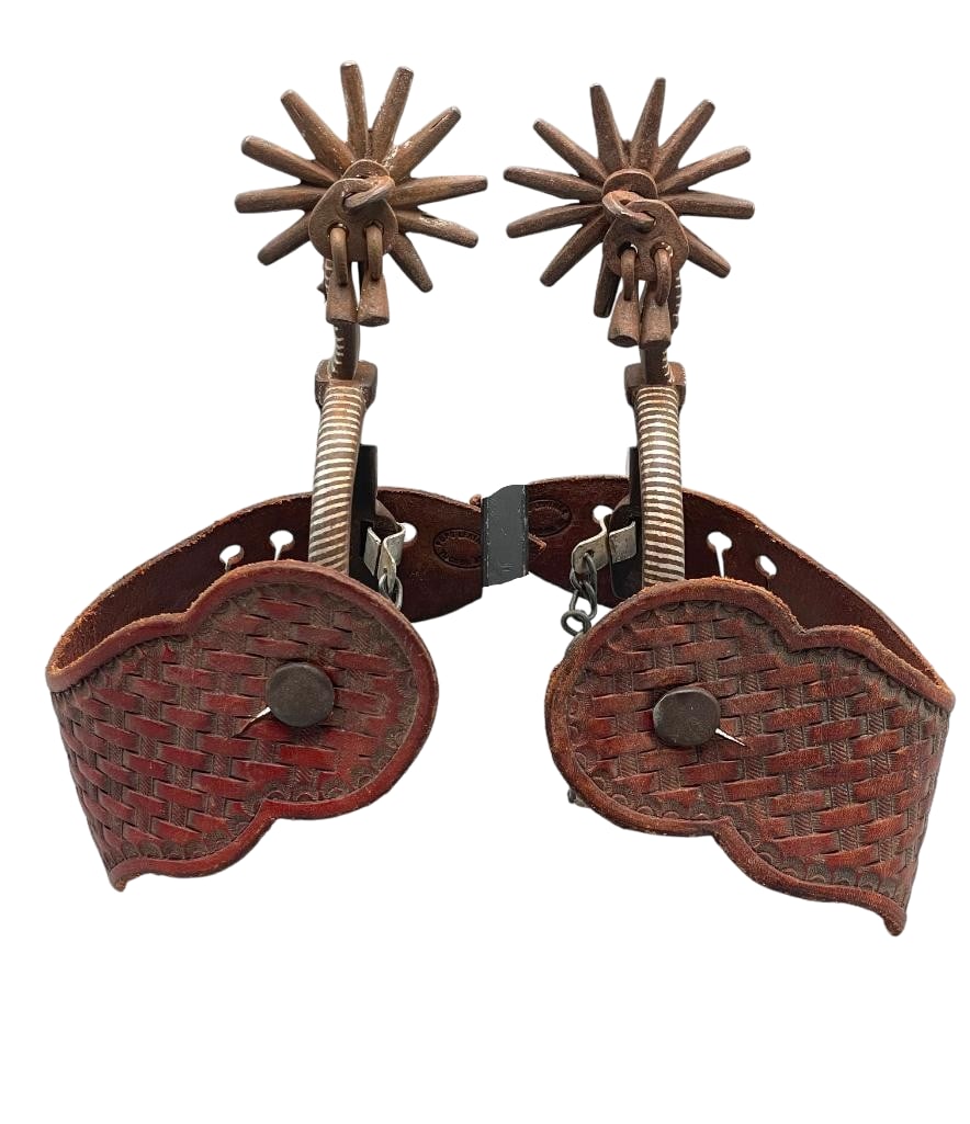 Vintage Pair Of Spanish Style Spurs With Silver Inlay: Available here for your consideration are a vintage pair of Spanish style spurs with silver inlay. These are made from Iron and feature vertical inlay on both sides of the heel bands and horizontal in