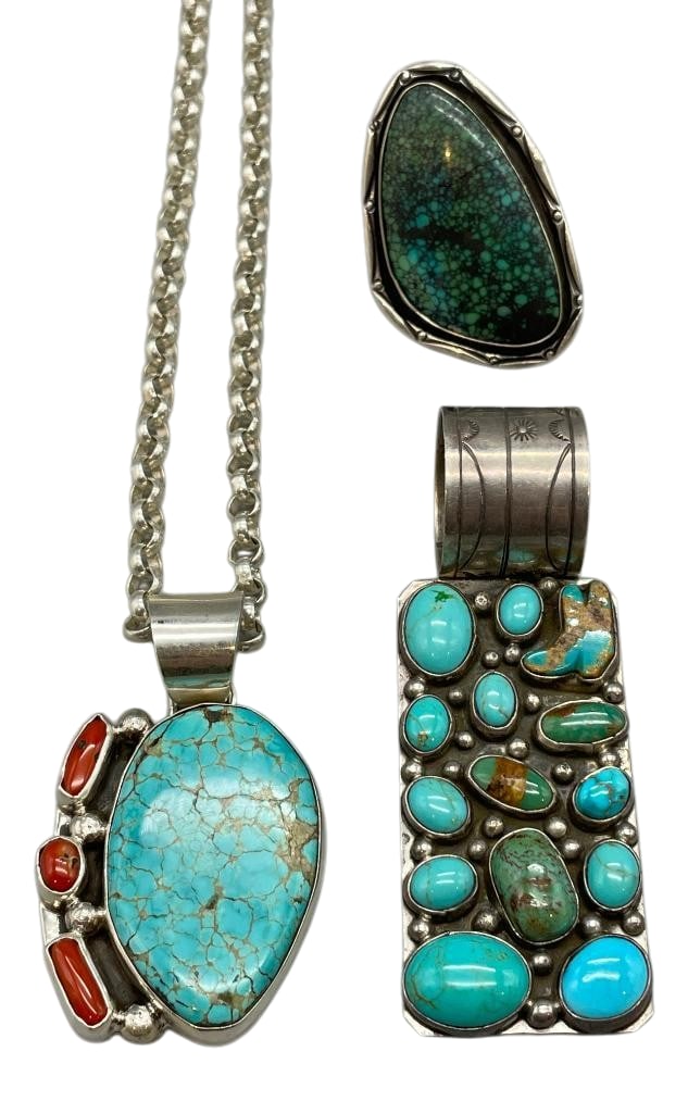 Two Nice Sterling Silver And Turquoise Pendants And Ring: Available here for your consideration are two sterling silver pendants and ring each highlighted with turquoise cabochons set in silver bezels. One pendant is further accented with three coral cabocho