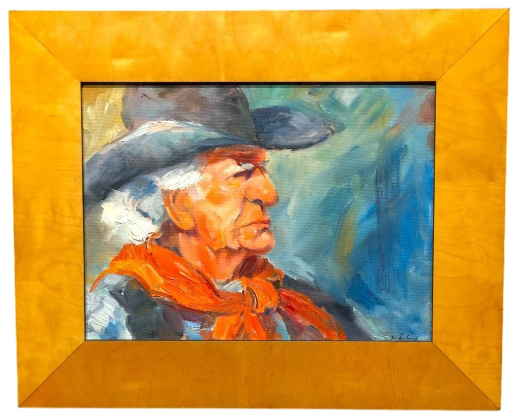Cowboy Portrait Oil On Canvas By Nadine Leo: Offered here for your consideration is an original oil on canvas by Nadine Leo depicting a profile portrait of a cowboy wearing a dark cowboy hat and reddish orange neckerchief. The artwork is present