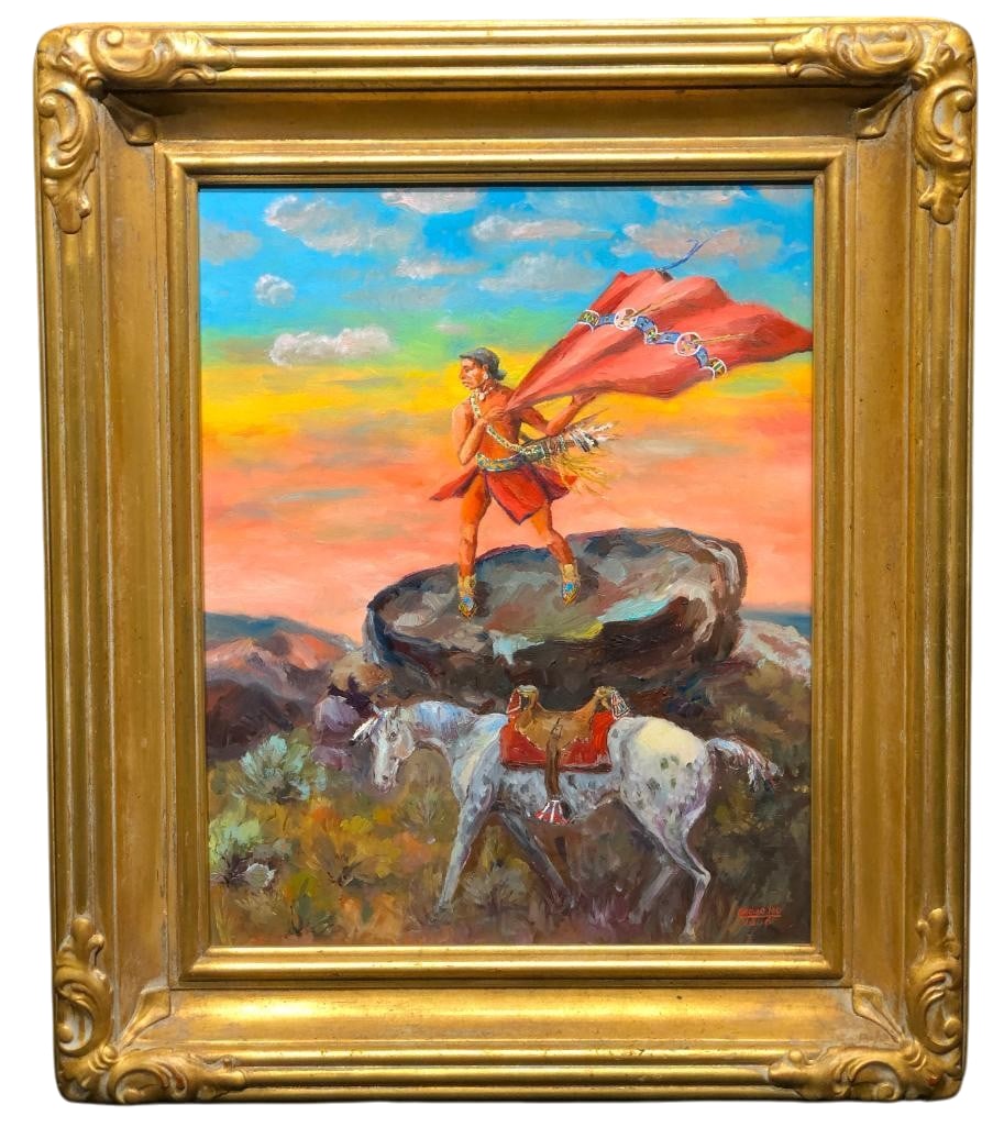 Signal Oil On Canvas By Nadine Leo Inspired By Ace Powell: Offered here for your consideration is Signal, an oil on canvas by Nadine Leo inspired by Ace Powell, depicting a Native American man standing on a rock and holding a red blanket above a saddled horse