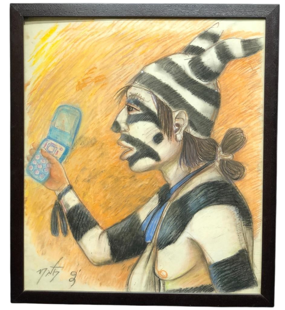 It's For You Mixed Media On Board By Neil David: Offered here for your consideration is It's For You an original mixed media on board by Neil David, depicting a Hopi Koshare clown holding a cell phone. The artwork is presented in a dark wooden f