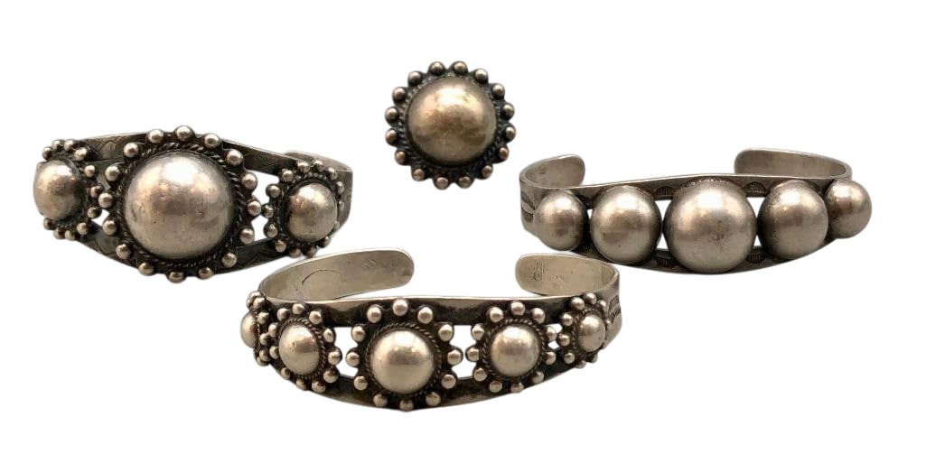 Three Sterling Silver Bracelets And Ring: Available here for your consideration are three sterling silver bracelets and ring. Each of these pieces features one to five silver domes, with one bracelet's arranged in graduated sizes. Accenti