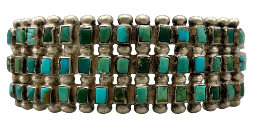 Vintage Natural Turquoise Three Row And Sterling Silver Bracelet: Offered here for your consideration is a vintage sterling silver bracelet highlighted with three rows of natural turquoise cabochons set in smooth silver bezels. Accenting the stones are silver dots a