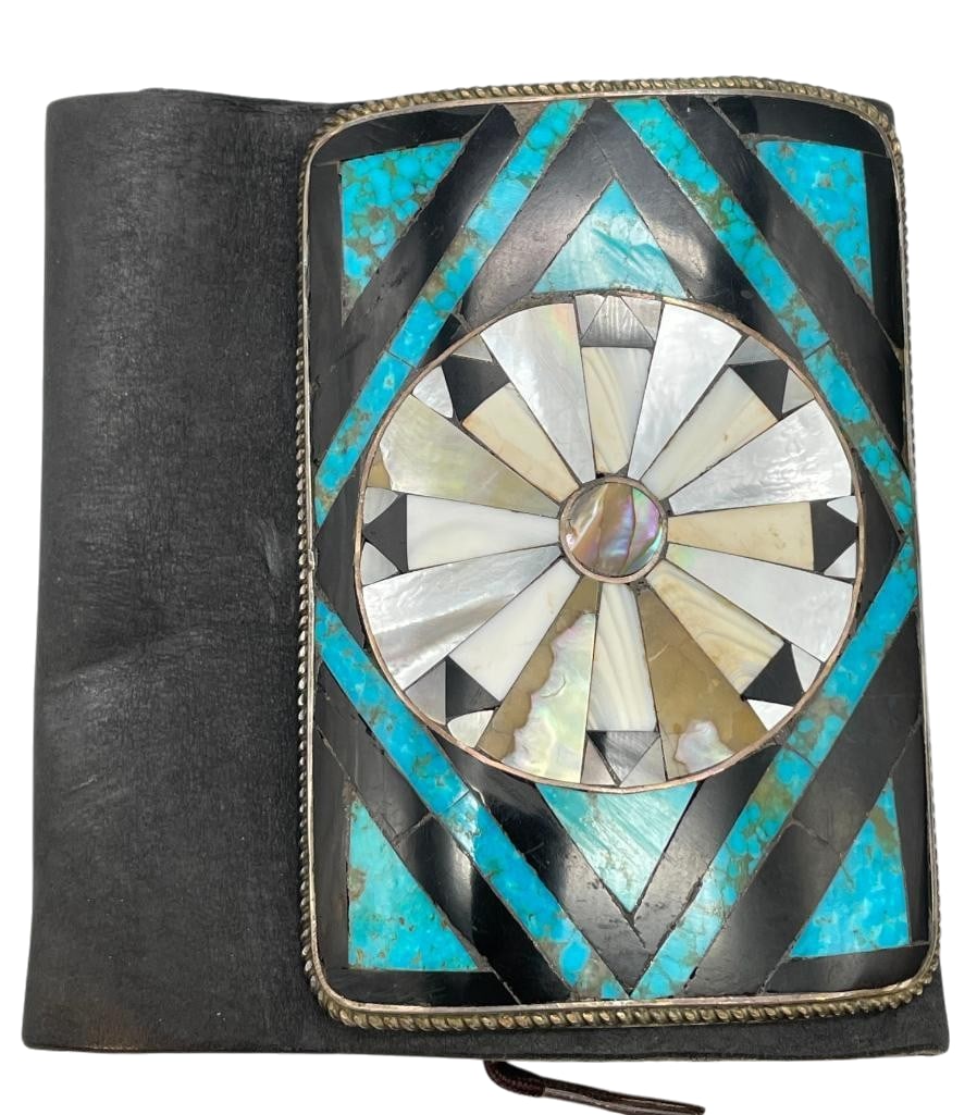 Nice Vintage Multi Stone Inlay Ketoh: For your bidding enjoyment we present a nice vintage inlay ketoh. This piece features an inlay design of turquoise, onyx and mother of pearl on a sterling silver plate accented with twisted wire. The 