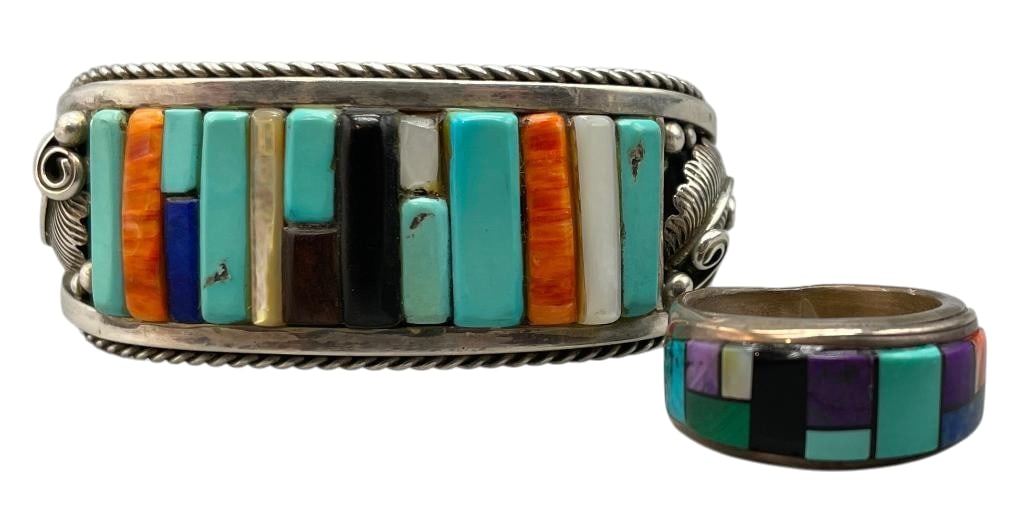 Multi Stone Inlay Sterling Silver Bracelet With Ring: For your bidding enjoyment we present a multi stone inlay and sterling silver bracelet with ring. Both pieces feature a cobblestone inlay created with a variety of stones including turquoise, spiny oy