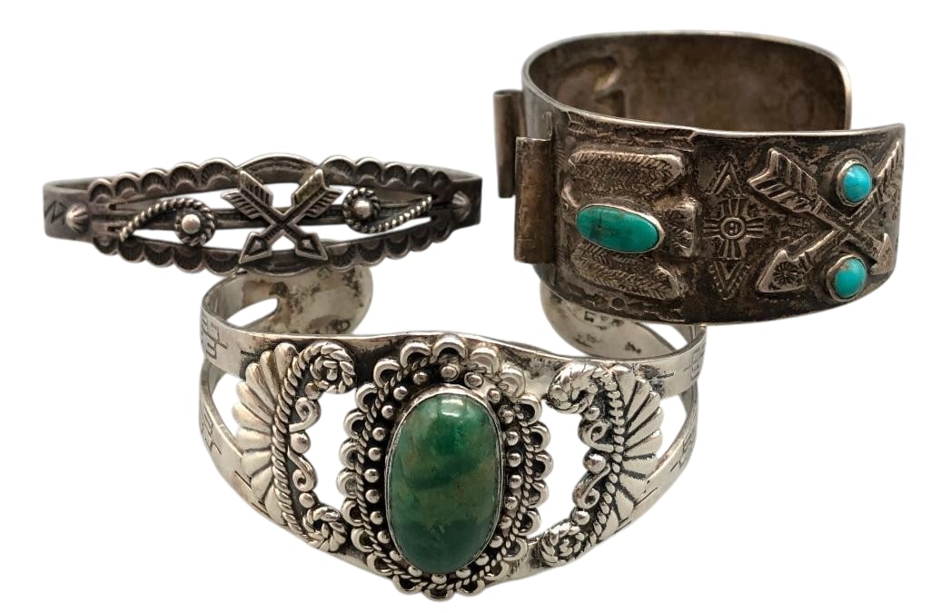 Two Fred Harvey Era Bracelets With Rare Fred Harvey Watch Cuff Circa 1930s-1940s: For your bidding enjoyment we present two Fred Harvey era bracelets with a rare Fred Harvey watch cuff, dating circa 1930s-1940s. Two of the pieces feature turquoise or other cabochons set in smooth s