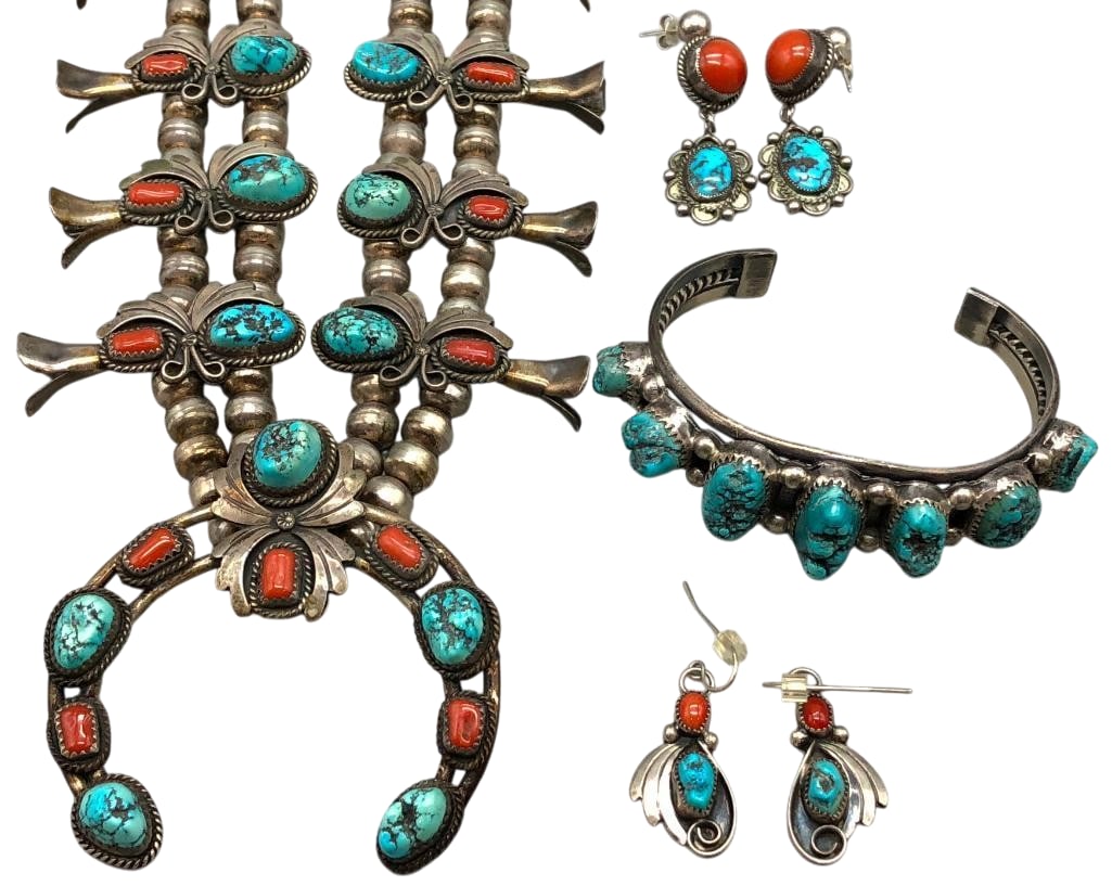 Sterling Silver Turquoise And Coral Squash Blossom Necklace, Bracelet And Earrings: Offered here for your consideration is a sterling silver turquoise and coral squash blossom necklace, bracelet and earrings. The two wire naja features turquoise and coral cabochons set sawtooth silve