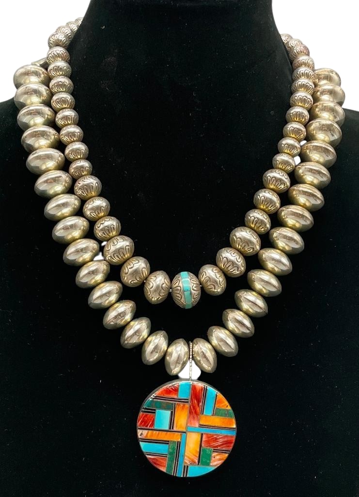 Two Sterling Silver Beaded Necklaces - One With Inlay Pendant And One With Inlay Bead: Offered here for your consideration are two sterling silver beaded necklaces. The pendant on the first necklace features a channel inlay design of spiny oyster, turquoise and others. It hangs from a s
