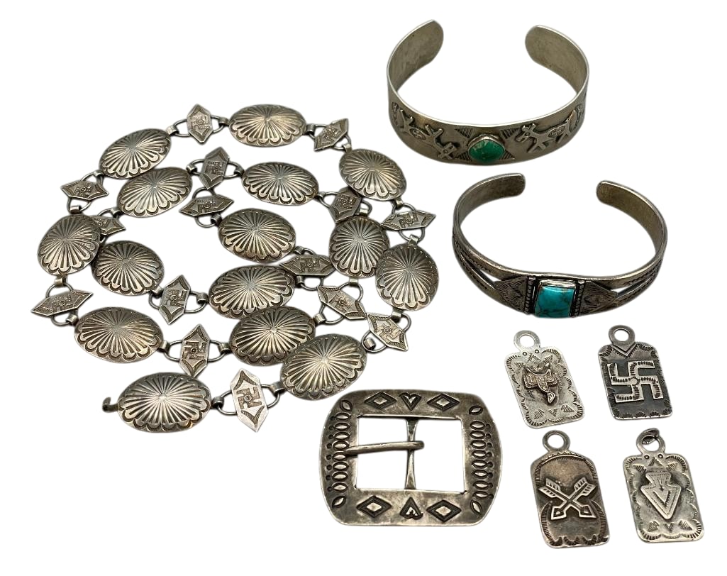 Group Of Fred Harvey Era Sterling Silver Jewelry With Bracelets, Buckle, Fobs, Etc.: Offered here for your consideration is a group of Fred Harvey era jewelry items. This group features one link concho belt, two bracelets, one buckle and four key fobs. A variety of silverwork highligh