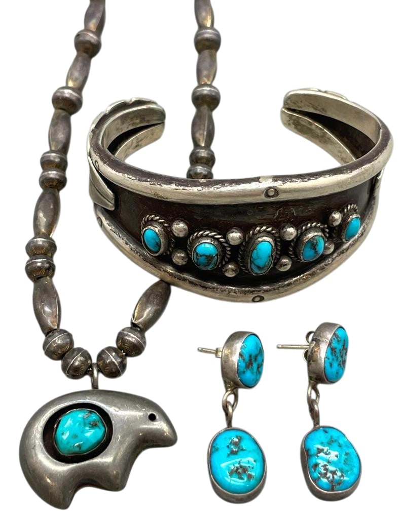 Sterling Silver And Turquoise Bracelet, Earrings And Beaded Necklace: For your bidding pleasure we present a sterling silver and turquoise bracelet, earrings and beaded necklace. Each piece features turquoise cabochons set in smooth silver bezels accented with twisted w