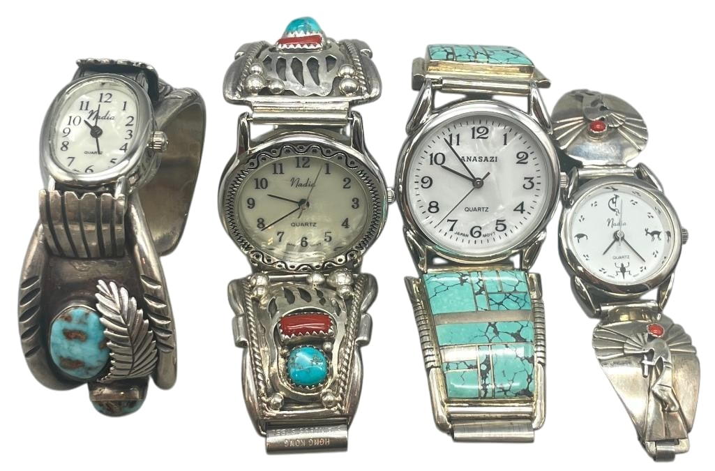 Four Sterling Silver Watch Bracelets With Various Settings: Available here for your consideration are four sterling silver watch bracelets. Highlights include turquoise and coral cabochons, turquoise inlay and Kokopelli themed overlays accented by silverwork f