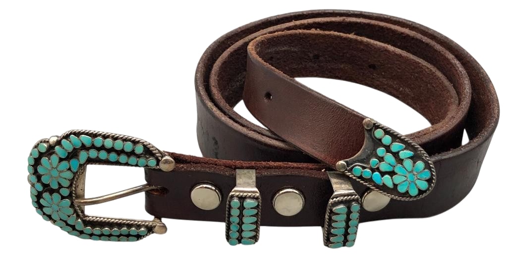 Vintage Virgil Dishta Sr Sterling Silver And Turquoise Ranger Buckle Set With Belt: For your bidding pleasure we present a vintage Virgil Dishta Sr sterling silver and turquoise ranger buckle set with belt. This set features a turquoise inlay with some arranged in a floral pattern. T