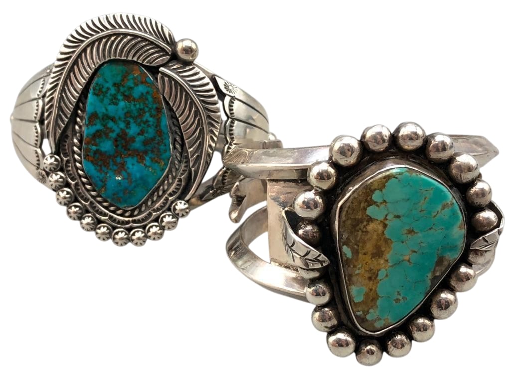 Two Nice Vintage Sterling Silver and Turquoise Bracelets: For your bidding pleasure we present two nice vintage sterling silver and turquoise bracelets. Both pieces feature a turquoise cabochon set in smooth silver bezels accented with silver dots, twisted w