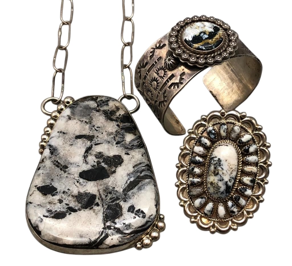 Statement White Buffalo And Sterling Silver Necklace With Rings And Bracelet: For your bidding pleasure we present a statement White Buffalo and sterling silver necklace with rings and bracelet. Each piece features White buffalo cabochons, with the pendant on the necklace showc
