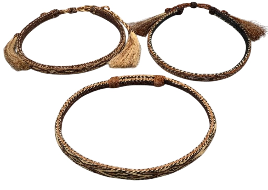 Three Deer Lodge Hitched Horsehair Hatbands: Offered here for your consideration are three Deer Lodge hitched horsehair hatbands. These pieces feature hitched horsehair designs in shades of tan, cream, black and brown. Two of the hatbands are hi