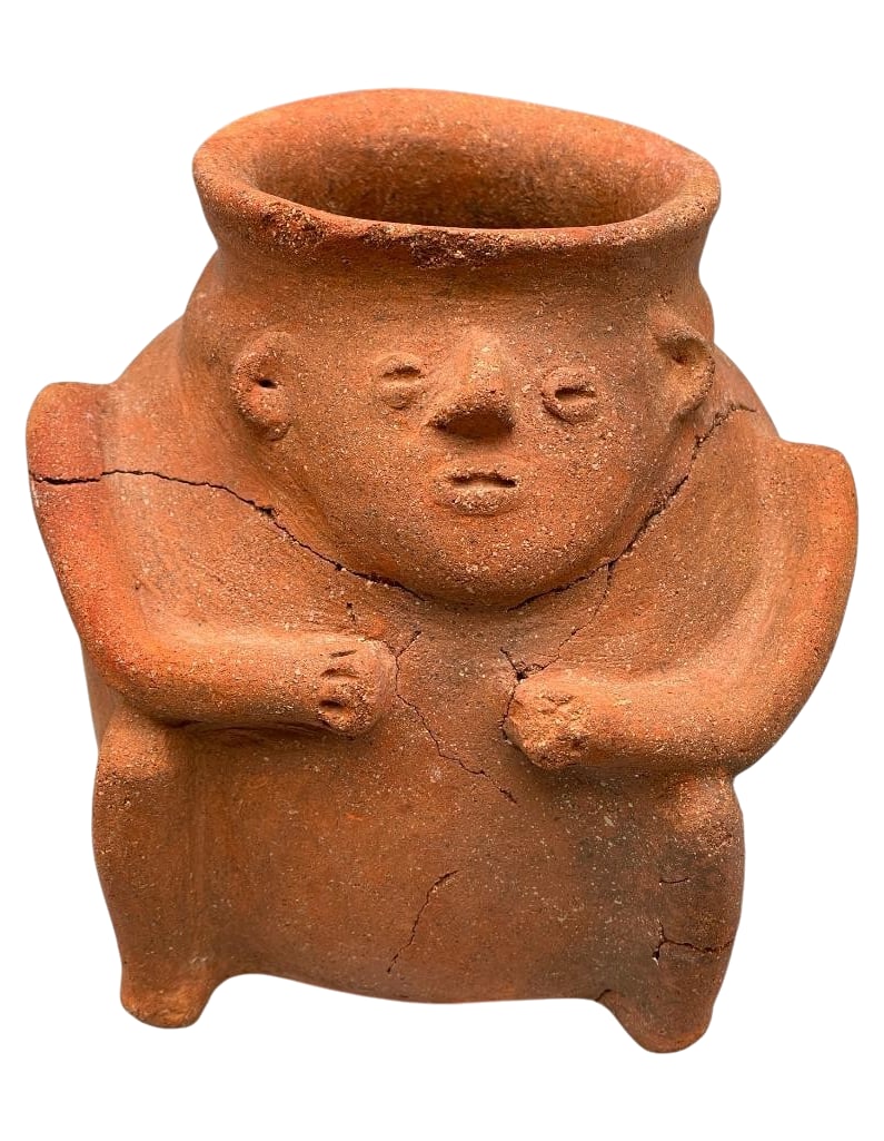 Prehistoric Salado Effigy Pottery: For your bidding pleasure we present a prehistoric Salado effigy pottery vessel. This figural pottery piece is made from red clay and features a human form with modeled facial features and arms and ha