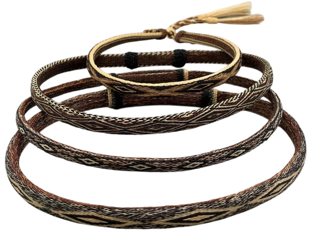 Four Deer Lodge Hitched Horsehair Hatbands: For your bidding pleasure we present four Deer Lodge hitched horsehair hatbands. These pieces feature geometric hitched horsehair designs in shades of tan, brown, cream and black. One of the hatbands 