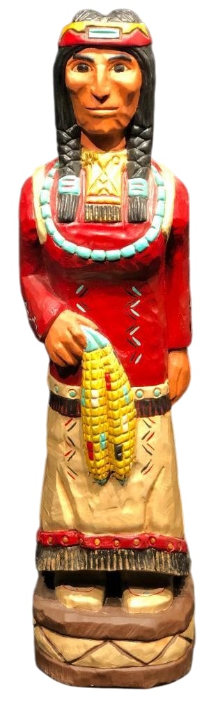 27 Inch Frank Gallagher Hand Carved Native American Figure: Offered here for your consideration is a 27 inch Gallagher hand carved Native American figure depicted wearing traditional clothing carrying an ear of corn along with a baby in a cradle board. It is p