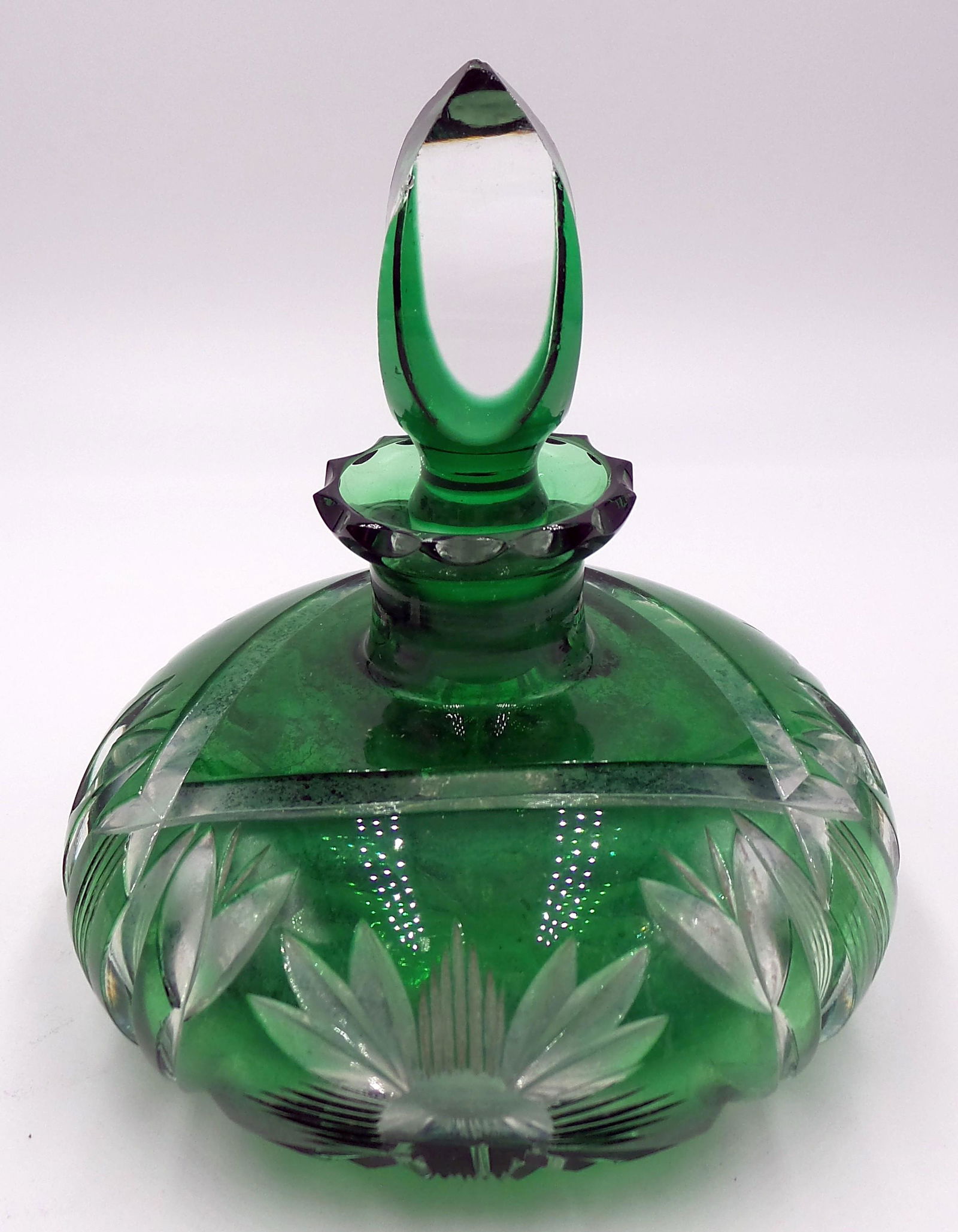 Antique 1900s Bohemian Green Cut to Clear Crystal Perfume Bottle (1 of 15)