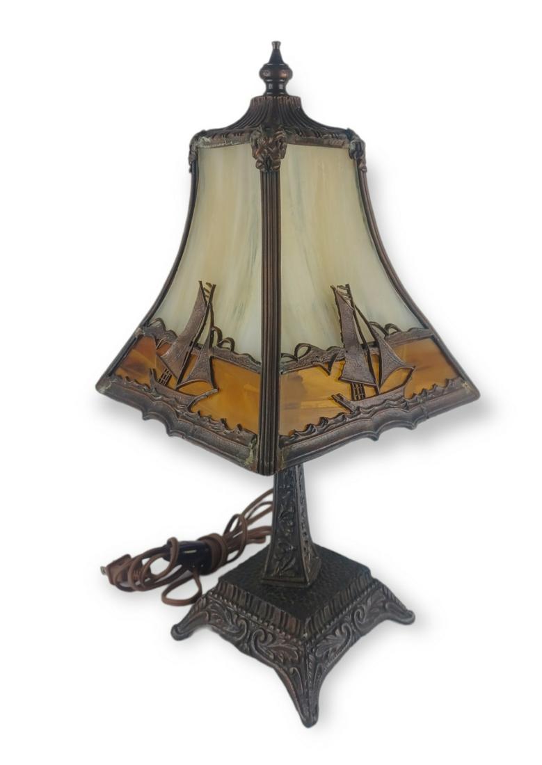 Vintage Slag Glass Lamp With Sailing Ships: Approx. 16" Tall. One side has crack. From the Collection Of Miguel A. Cruz Peraza.