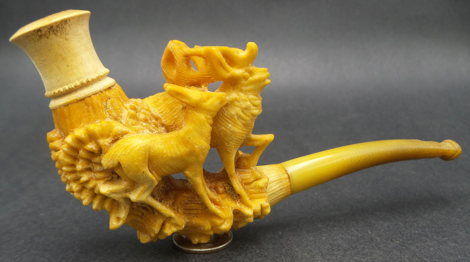 Antique 1900s European Hand Carved Stag Meerschaum & Amber Pipe /w Case (1 of 15)