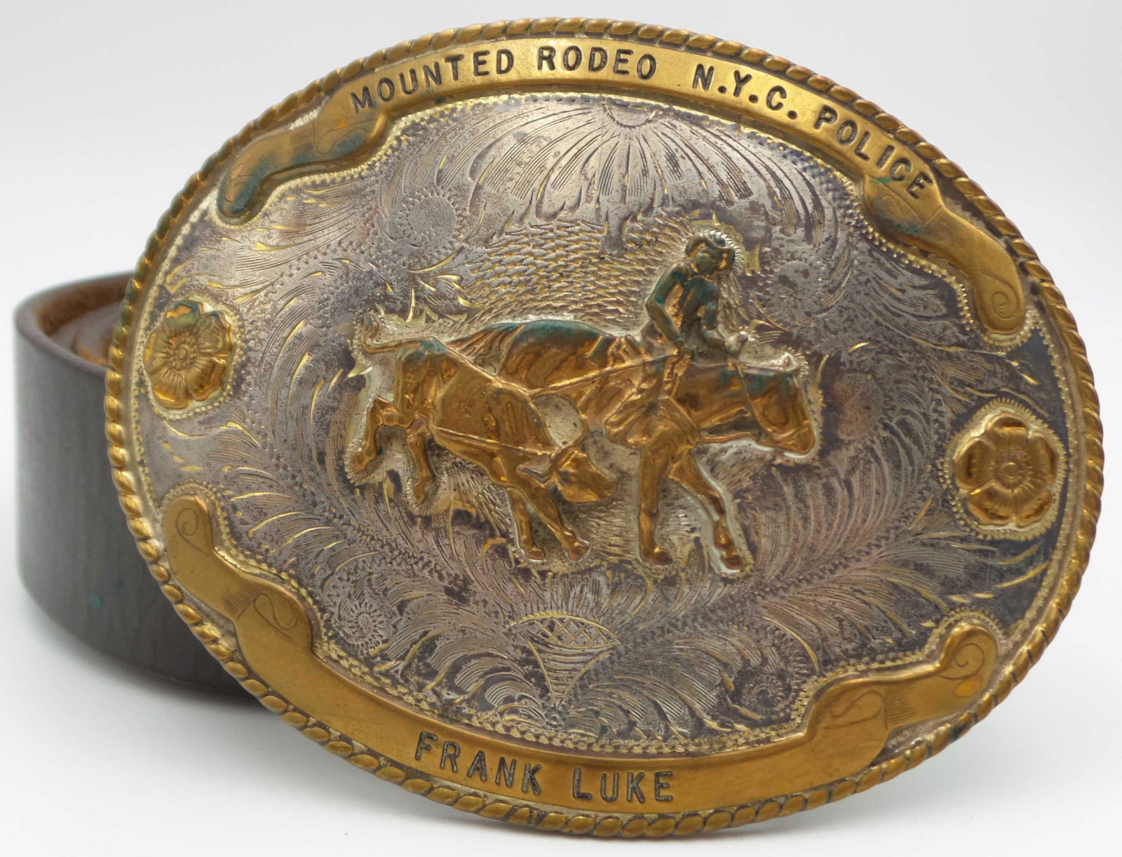 Vintage COMSTOCK Belt Buckle "Mounted Rodeo N.Y.C. Police" /w Genuine Leather Belt (1 of 10)