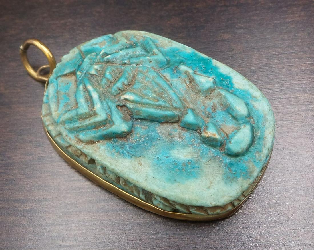 Vintage 14K Gold & Antique Faience Scorpion Scarab Egyptian Revival Pendant (1 of 15)