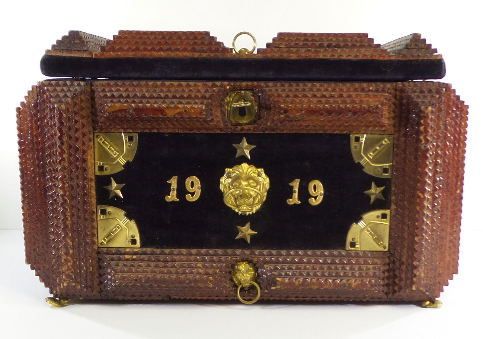 Antique 1919 European Masonic Tramp Art Wood Jewelry Box /w Brass Applications (1 of 15)