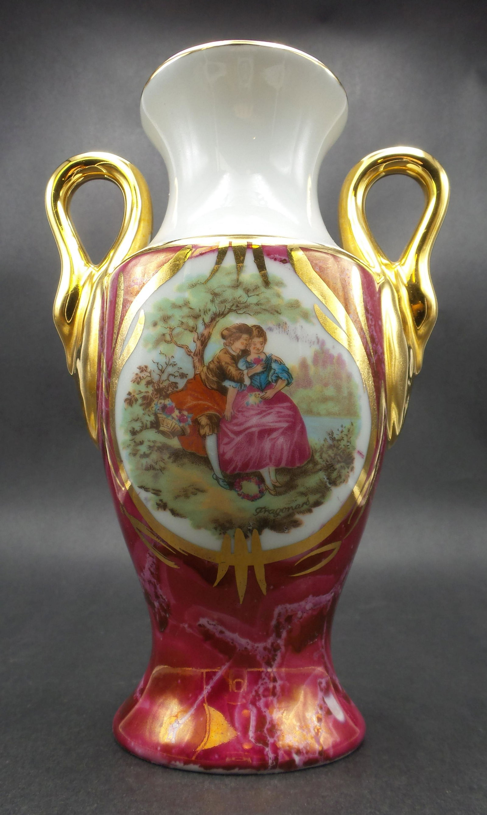 Antique LIMOGES France Fragonard Porcelain Portrait Vase: Measures approx. 6 1/4" high x 4 1/2" wide (at the widest /w handles).