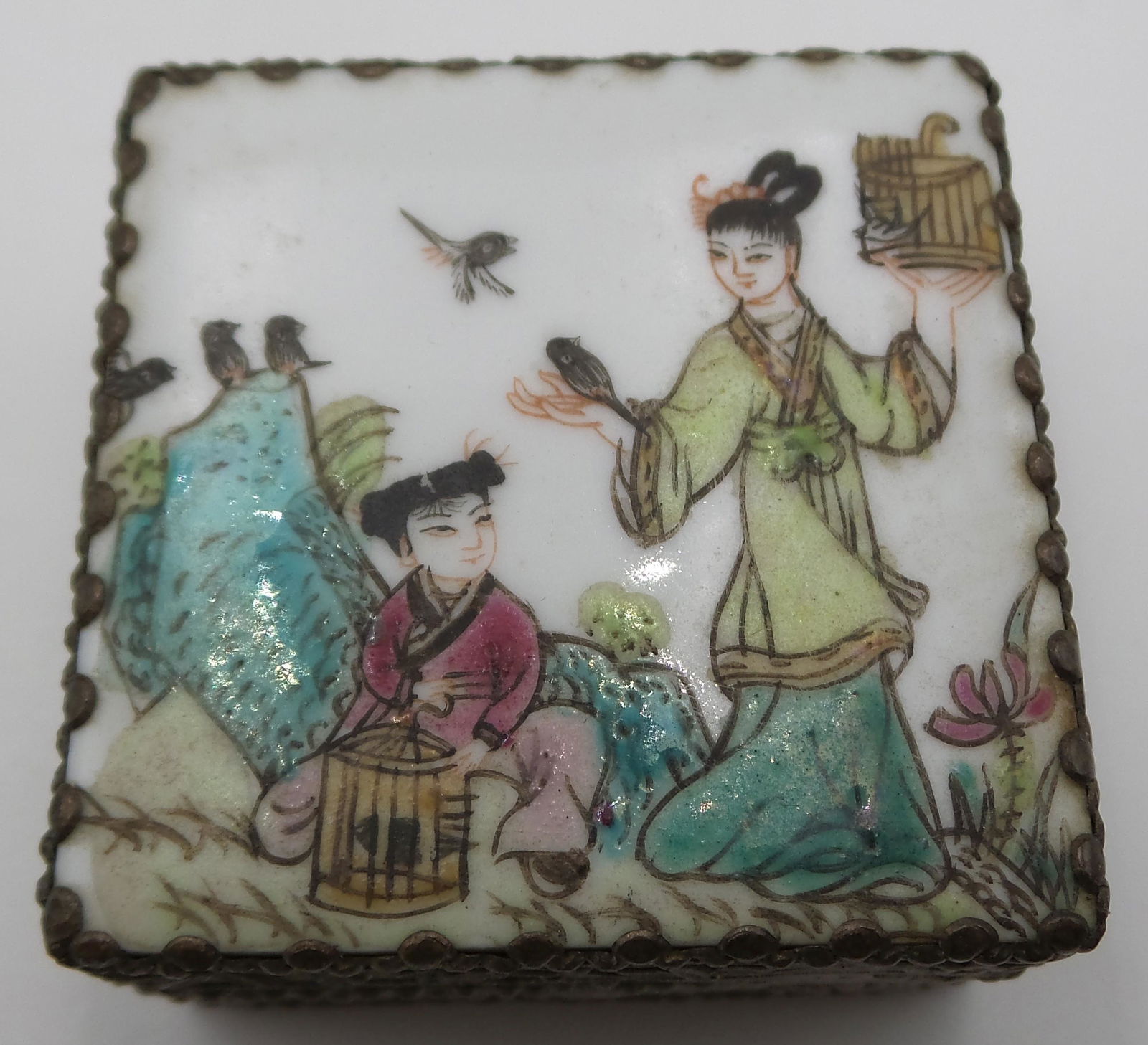 Ornate Antique Chinese Hand Painted and Enameled Mirror Lid Bass Box (1 of 11)