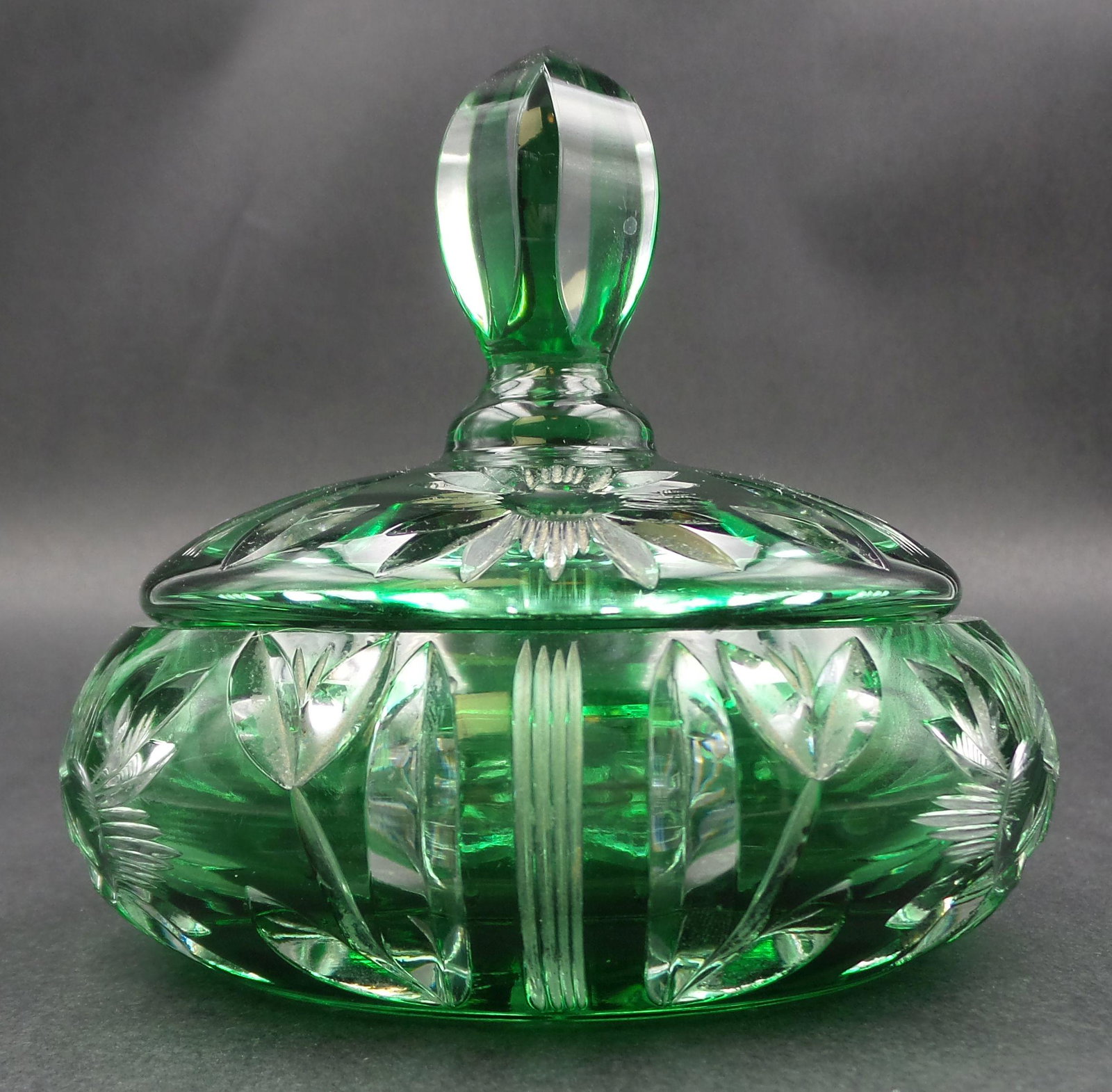 Antique 1900s Bohemian Green Cut to Clear Crystal Lidded Jar (1 of 10)