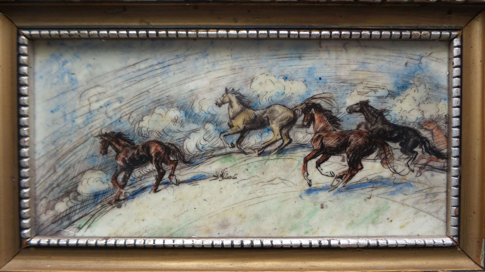 Antique Eastern European Painting on Porcelain /w Running Wild Horses (1 of 6)