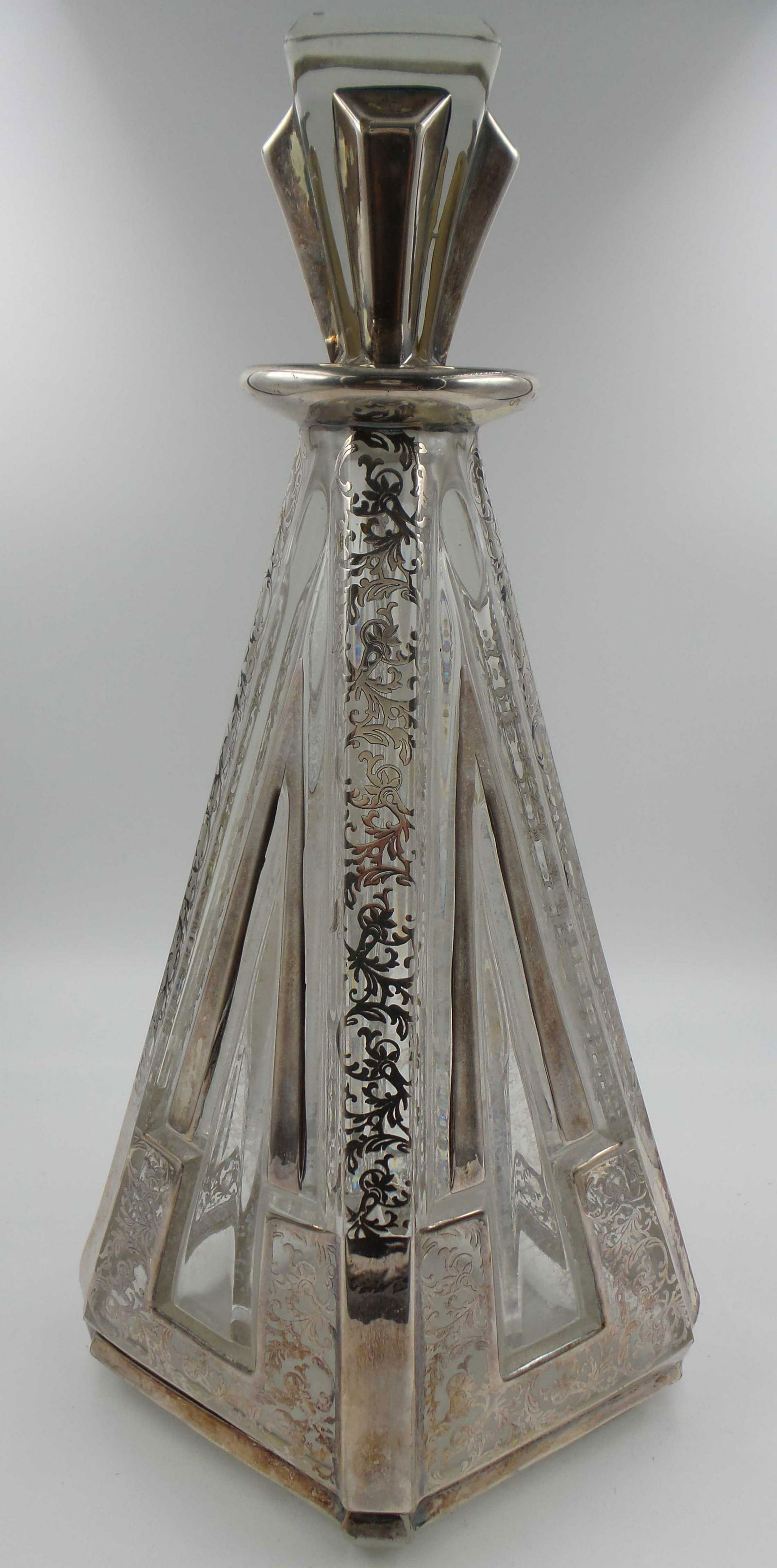 Tall Vintage Art Deco ROCKWELL Crystal & Sterling Silver Overlay Decanter /w Stopper (1 of 20)