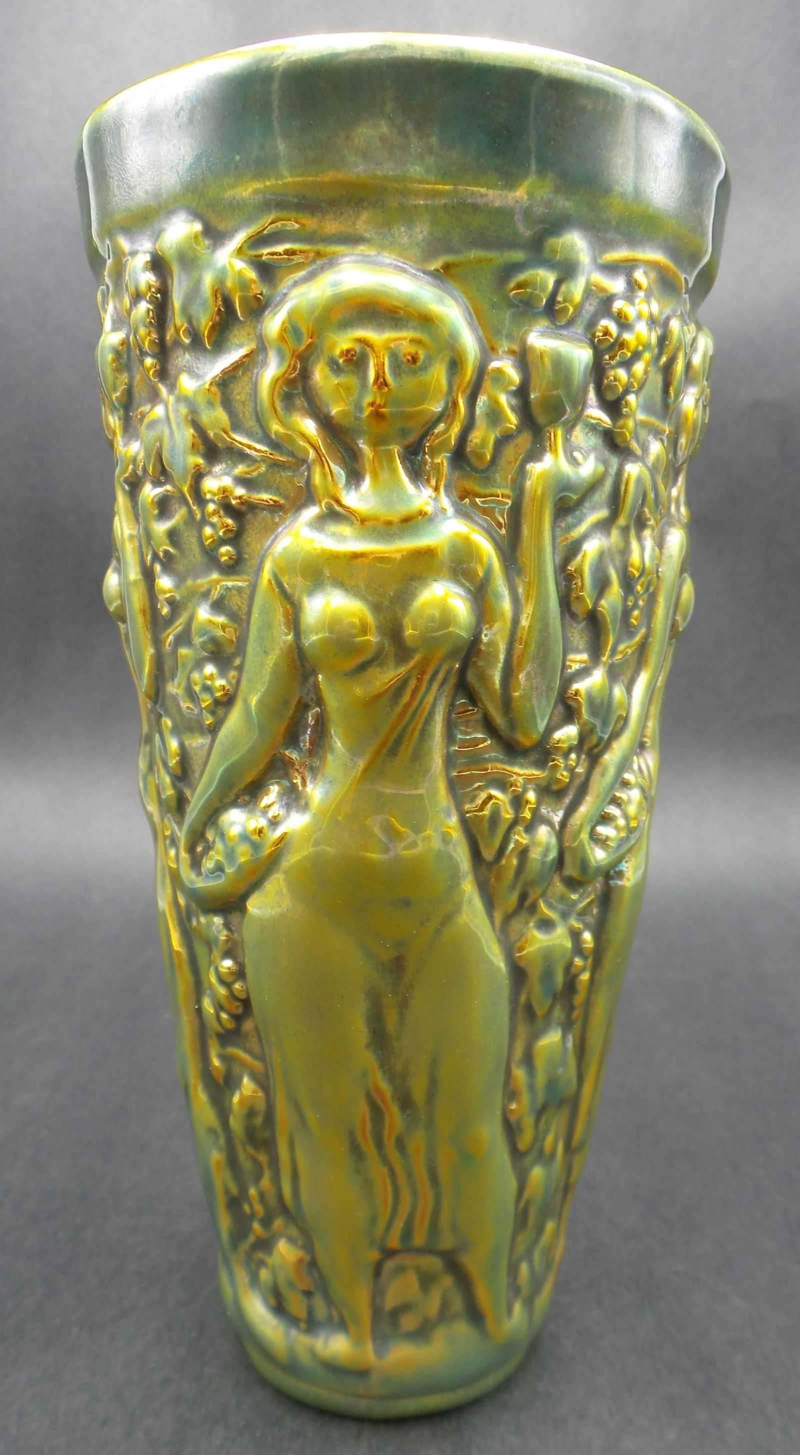 Vintage ZSOLNAY Hungary Art Deco Green Glaze Ceramic Cup / Vase (1 of 9)