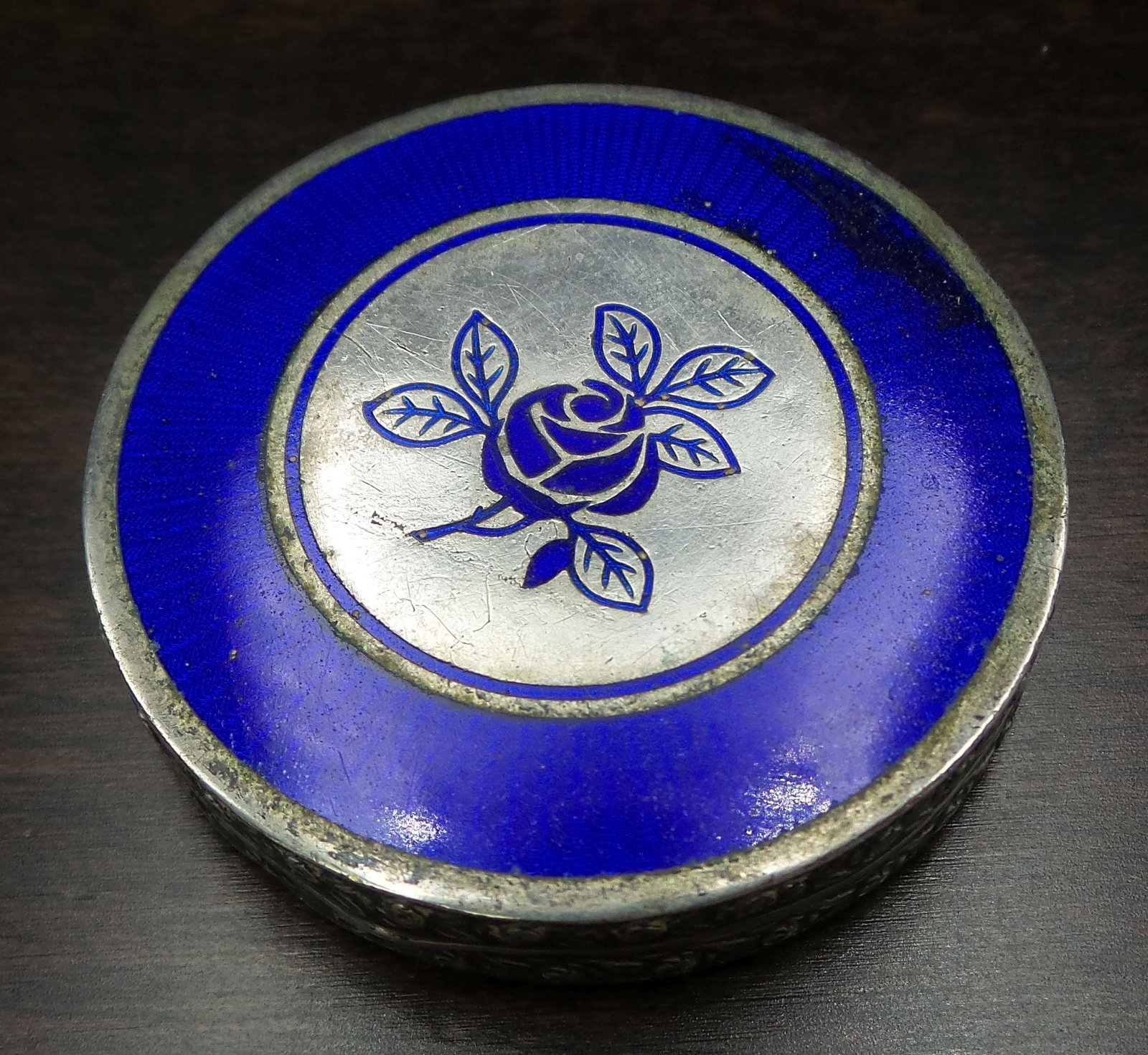 Vintage 1940s Art Deco LANCHERE BLUE ROSE Guilloche Enamel Compact (1 of 7)