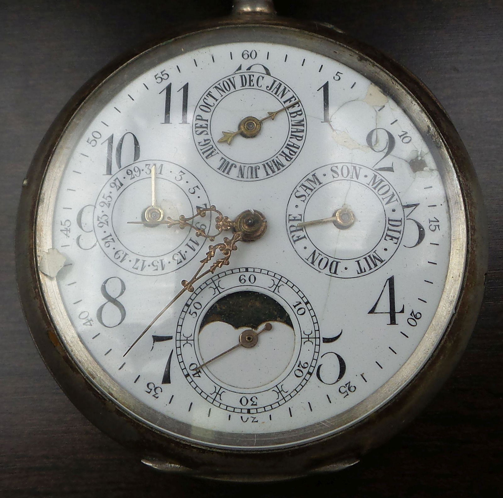 Antique 1900s Swiss GALONNE 800 Silver Moonphase Calendar Pocket Watch (1 of 12)