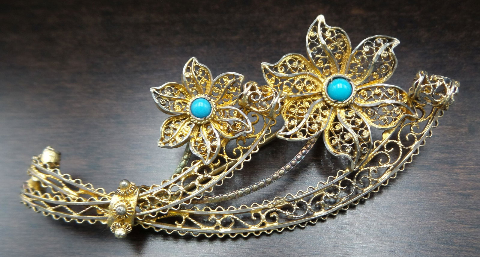 Vintage European Gilt Filigree Silver & Turquoise Flower Brooch (1 of 6)