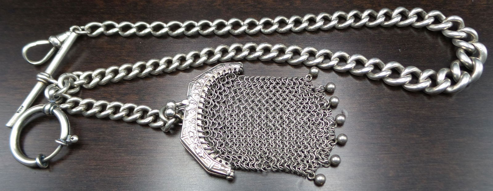 Antique 1900s British Sterling Silver Pocket Watch Chain /w Swiss 800 Silver Coin Purse Fob (1 of 5)