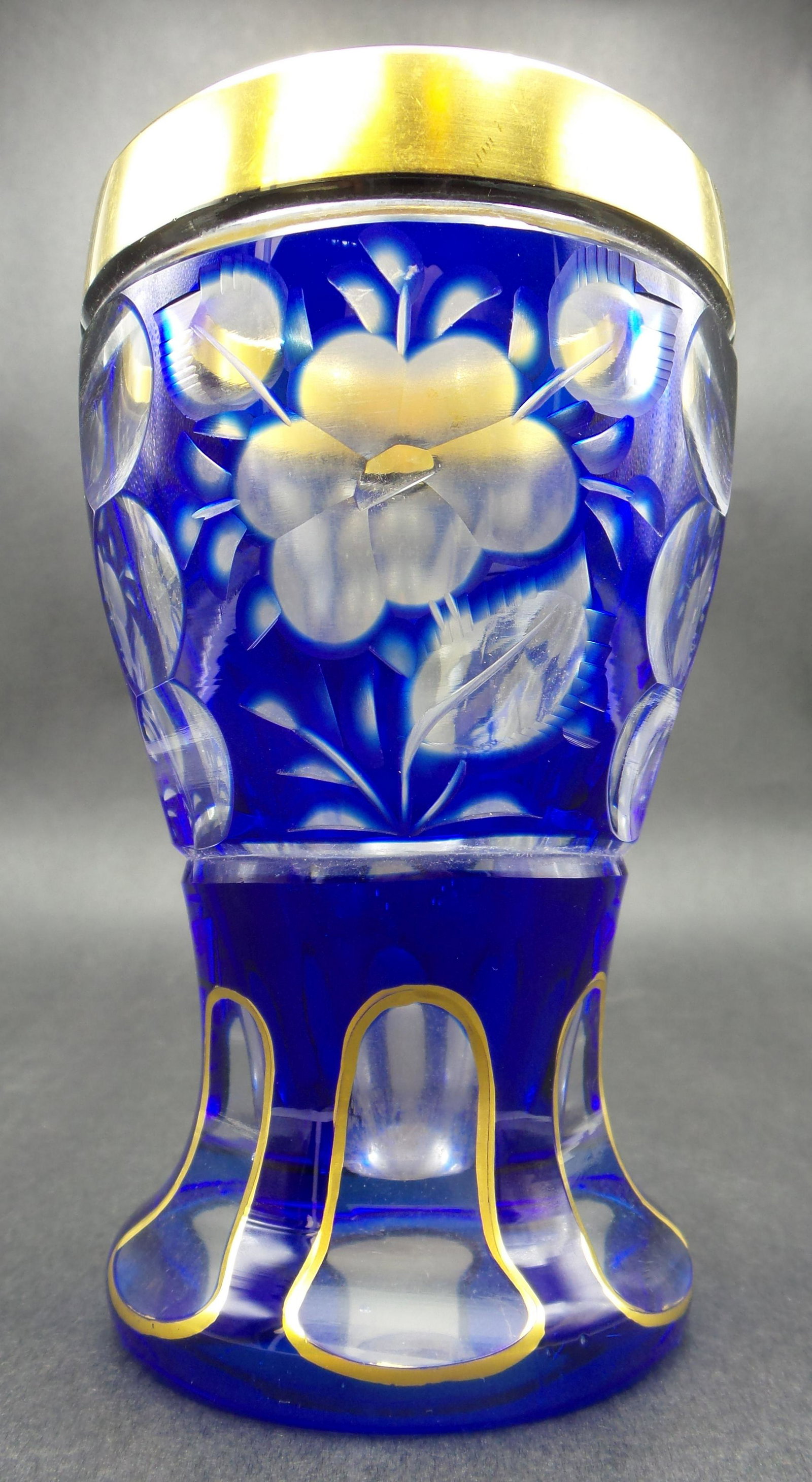 Antique ca. 1900 Bohemian Cobalt Blue Cut to Clear & Gold Painted Crystal Goblet (1 of 8)