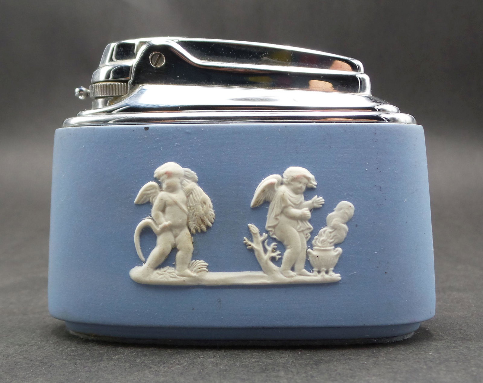 Vintage Mid-Century WEDGWOOD Blue Jasperware Lighter: Very good vintage condition. No chips, cracks, or repairs. Measures approx. 2 5/8" high x 3 1/2" long. Works.