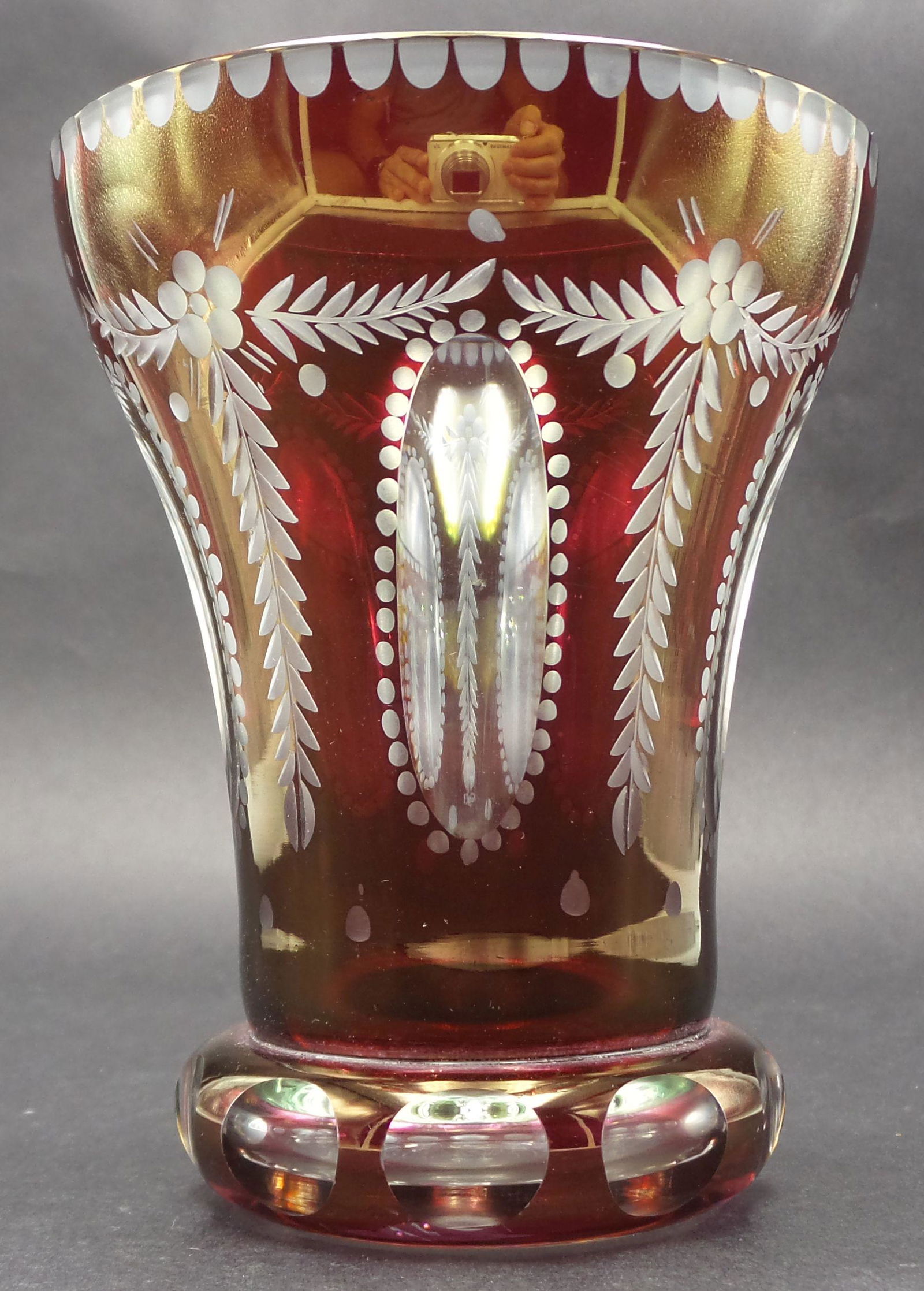Antique Bohemian Ruby Red Hand Cut to Clear Flashed Crystal Cup /w Floral DÃ©cor (1 of 7)