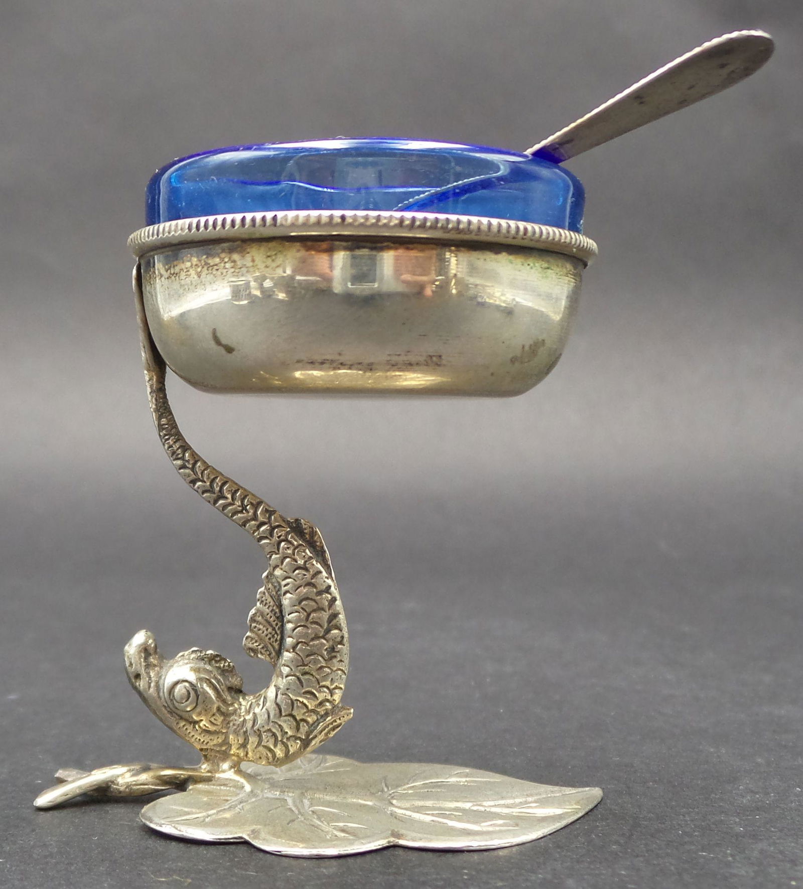 Vintage ca. 1950 Italian Sterling Silver & Cobalt Glass Salt Cellar: Very beautiful handcrafted piece. Very good vintage condition with some patina according to age which can easily be polished away if desired. No chips, cracks, or repairs to the glass. Measures approx