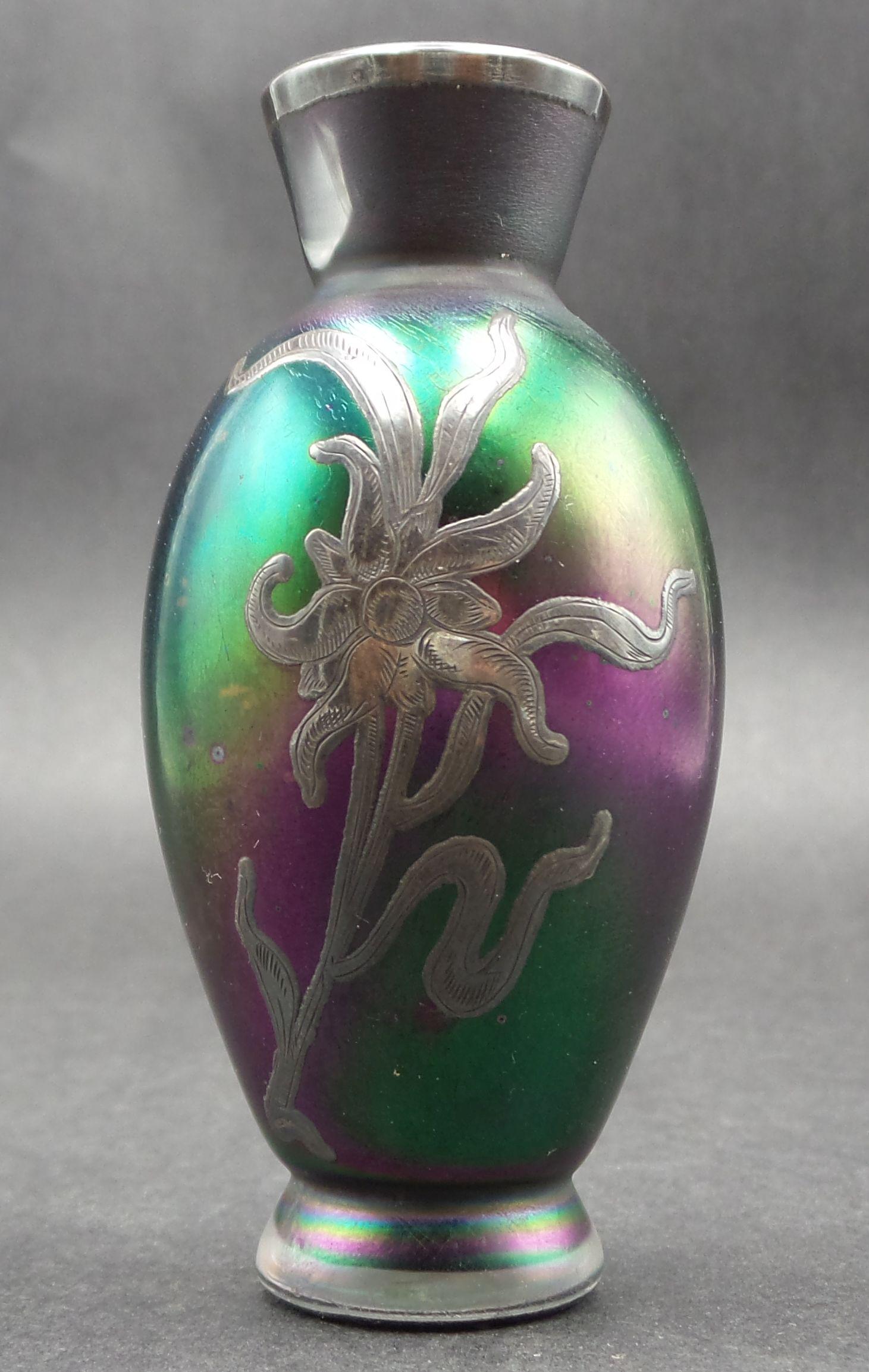 Antique Art Nouveau European Sterling Silver Overlay Edelweiss Iridescent Vase (1 of 8)