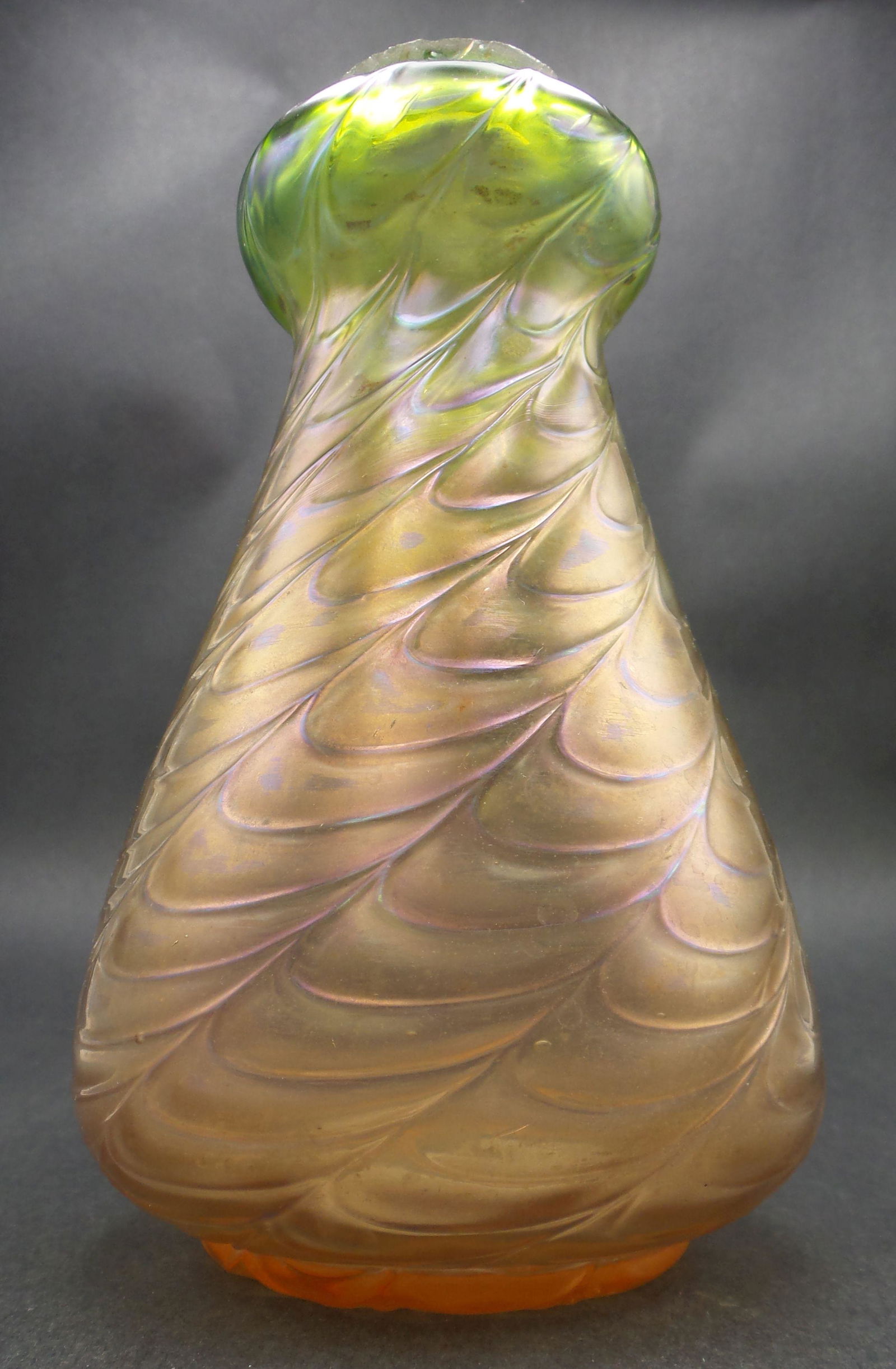 Antique 1900s European Art Nouveau Orange & Green Iridescent Art Glass Vase (1 of 9)