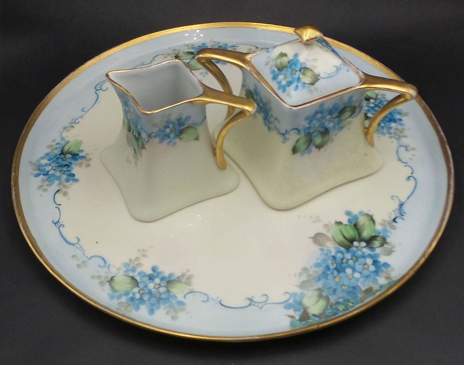Antique Art Nouveau T&V LIMOGES / FAVORITE Bavaria Porcelain Creamer, Sugar Bowl & Tray Set - Signed (1 of 17)