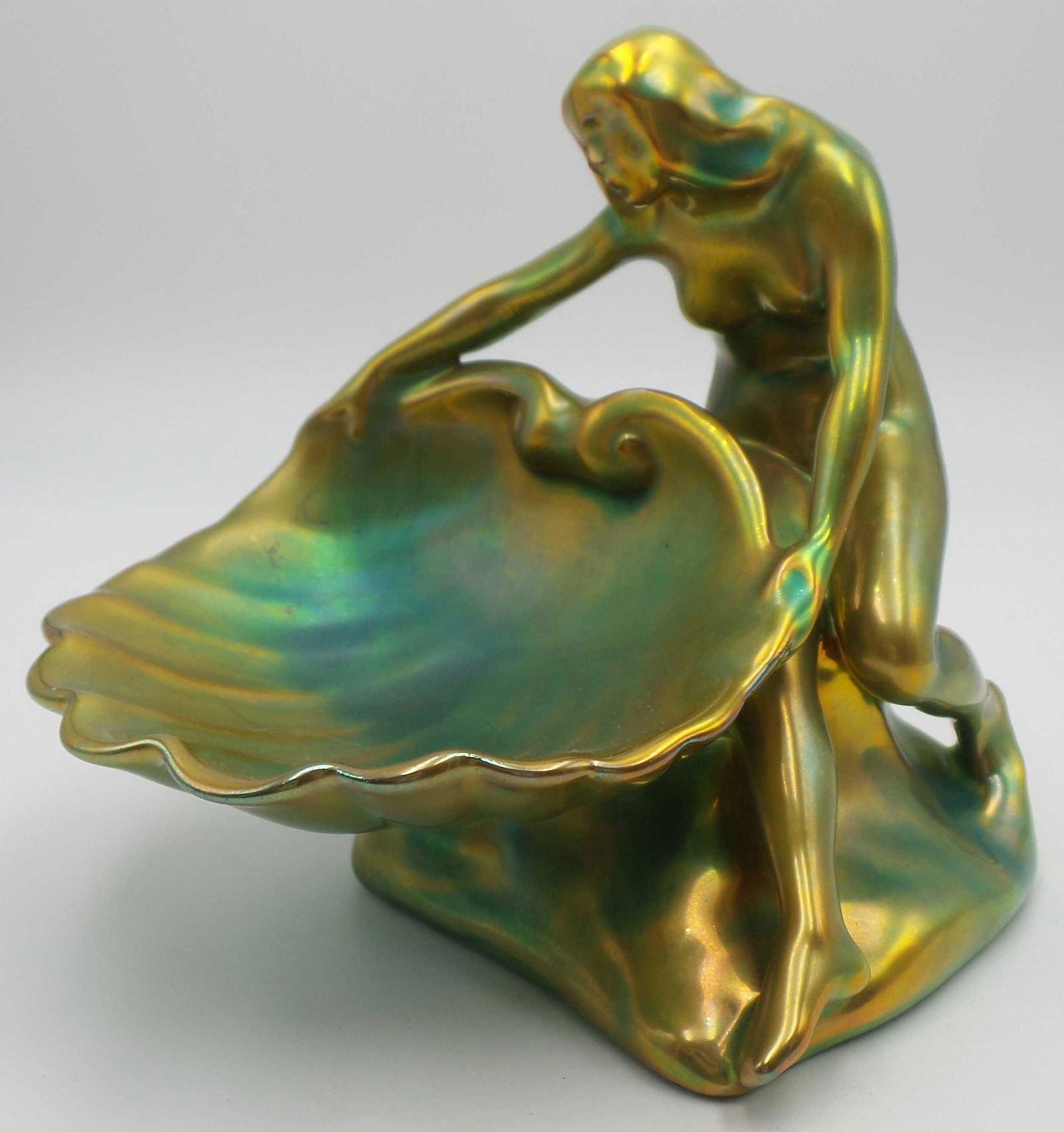 Vintage ZSOLNAY Hungary Art Deco Green Eosin Glaze Ceramic Bowl /w Shell and Sitting Woman (1 of 13)