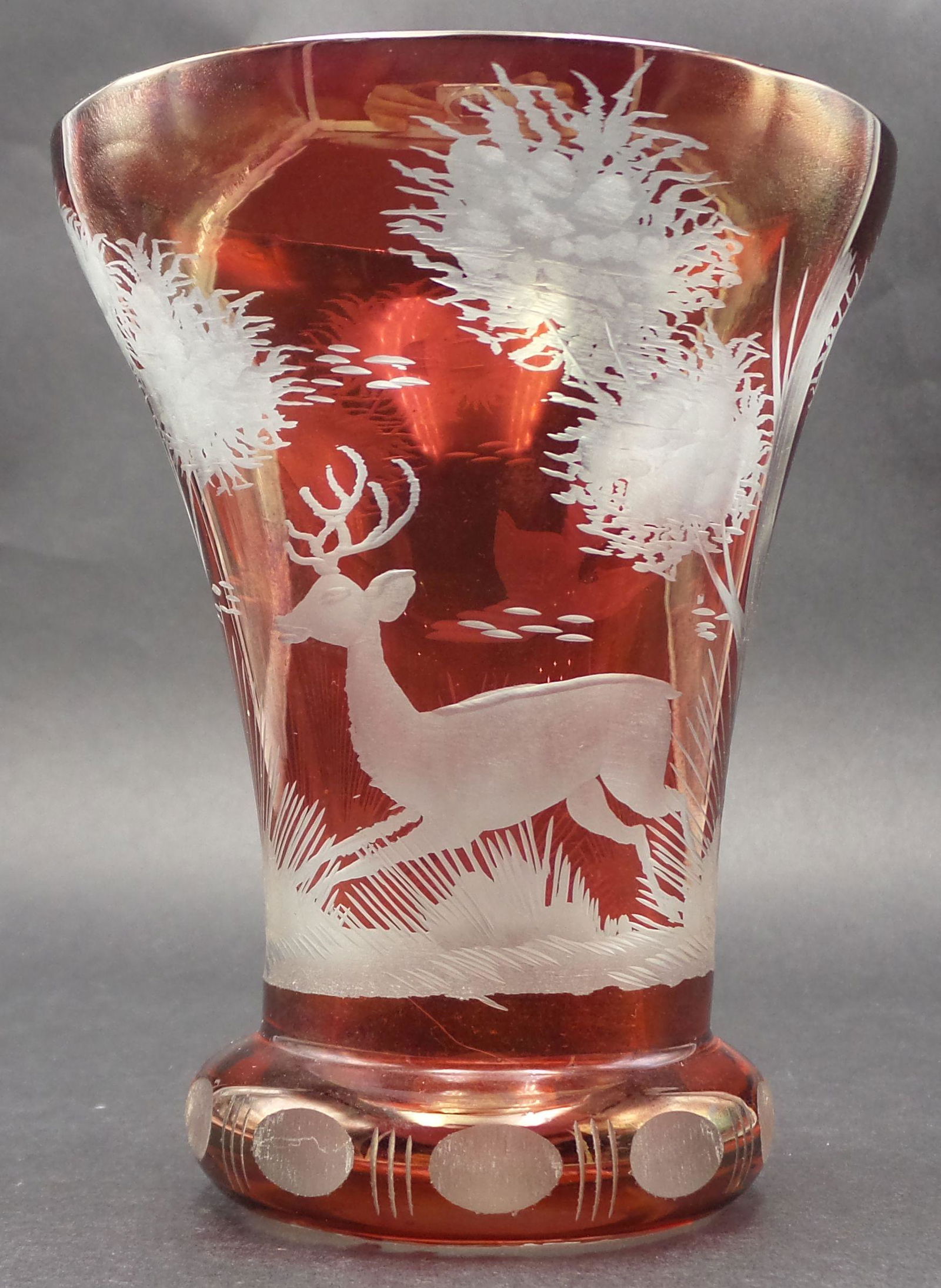 Antique Bohemian Ruby Red Hand Cut to Clear Flashed Crystal Stag/Hunting Cup (1 of 8)