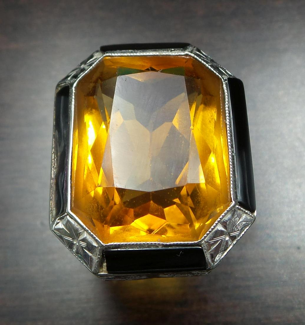 Antique ca. 1930 Art Deco 14K White Gold, Black Enamel & Madeira Citrine Filigree Cocktail Ring (1 of 8)