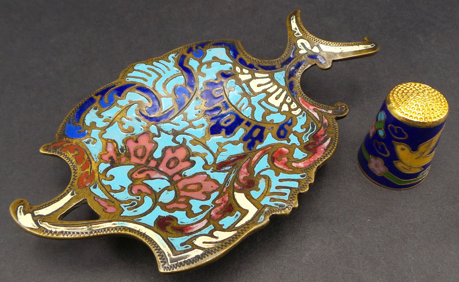 Vintage Cloisonne Ring Dish & Thimble: Very good condition with no enamel damage. The dish measures approx. 4" long and the thimble approx. 1 1/8" high.